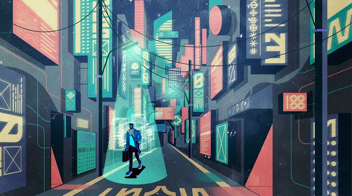 Futuristic city street illuminated by neon signs and digital billboards by Denis Freitas