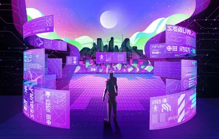 Futuristic cityscape with neon holograms and a person observing, by Denis Freitas