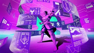Futuristic digital interface with holograms, figure interacting - Denis Freitas