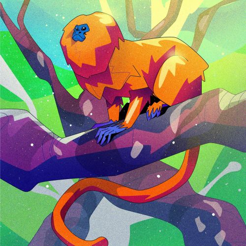 Vibrant digital painting of a colorful monkey on a tree branch by Denis Freitas