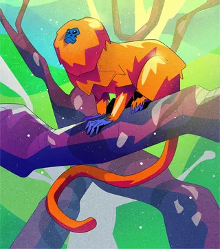 Vibrant digital painting of a colorful monkey on a tree branch by Denis Freitas