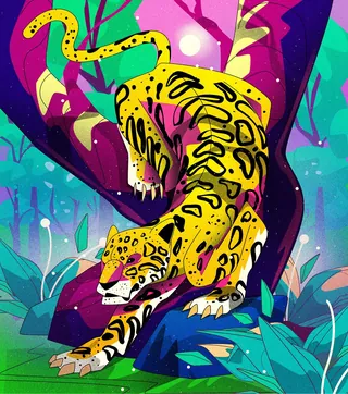 Digital artwork of a jaguar climbing a tree in vibrant jungle by Denis Freitas
