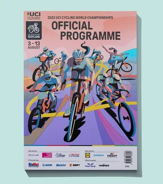 Colourful illustration of cyclists on the 2023 UCI Cycling World Championships programme cover by De