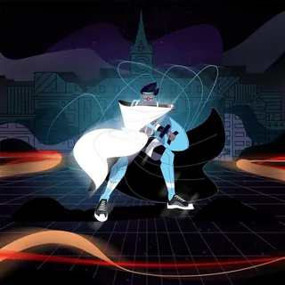 Superhero couple dancing in city at night with glowing effects
