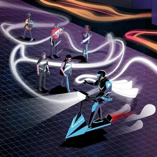 People walking and a person riding a glowing scooter at night