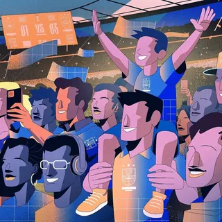 Fans cheering and celebrating at a sports event with scoreboard visible
