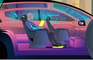 Person reading a book in a self-driving car with digital displays