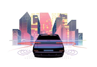 Futuristic car rear facing neon city skyline with digital effects