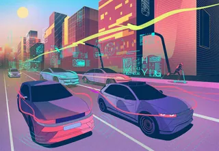 City street with self-driving cars and holographic digital displays
