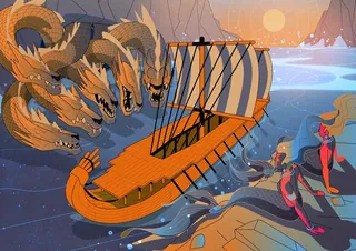 Wooden ship facing a three-headed dragon in sunset sea battle.