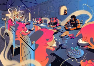 Anthropomorphic animals enjoying a festive banquet indoors with food and candles
