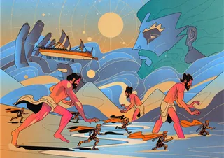 Giant mythical figure watches ancient hunters by the sea during sunset
