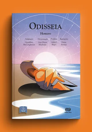 Cover of 'Odisseia' by Homero featuring a seashell and ocean at sunset