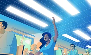 Students raising hands in a brightly lit classroom engaging with teacher