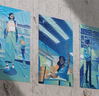 Three artistic posters showing people in city and indoor scenes