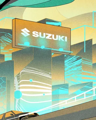 Suzuki illuminated billboard in a futuristic urban environment at night.