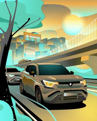 Suzuki Vitara cars on city bridge with sunset background