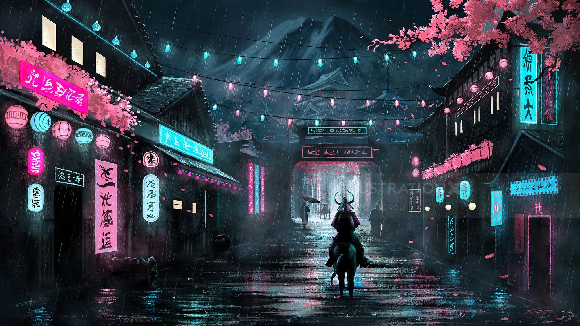 Cyberpunk-Neonstraße mit einsamem Fahrer bei Nacht von Diego Abreu
