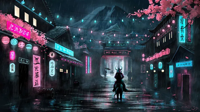 Cyberpunk neon-lit street with lone rider at night by Diego Abreu