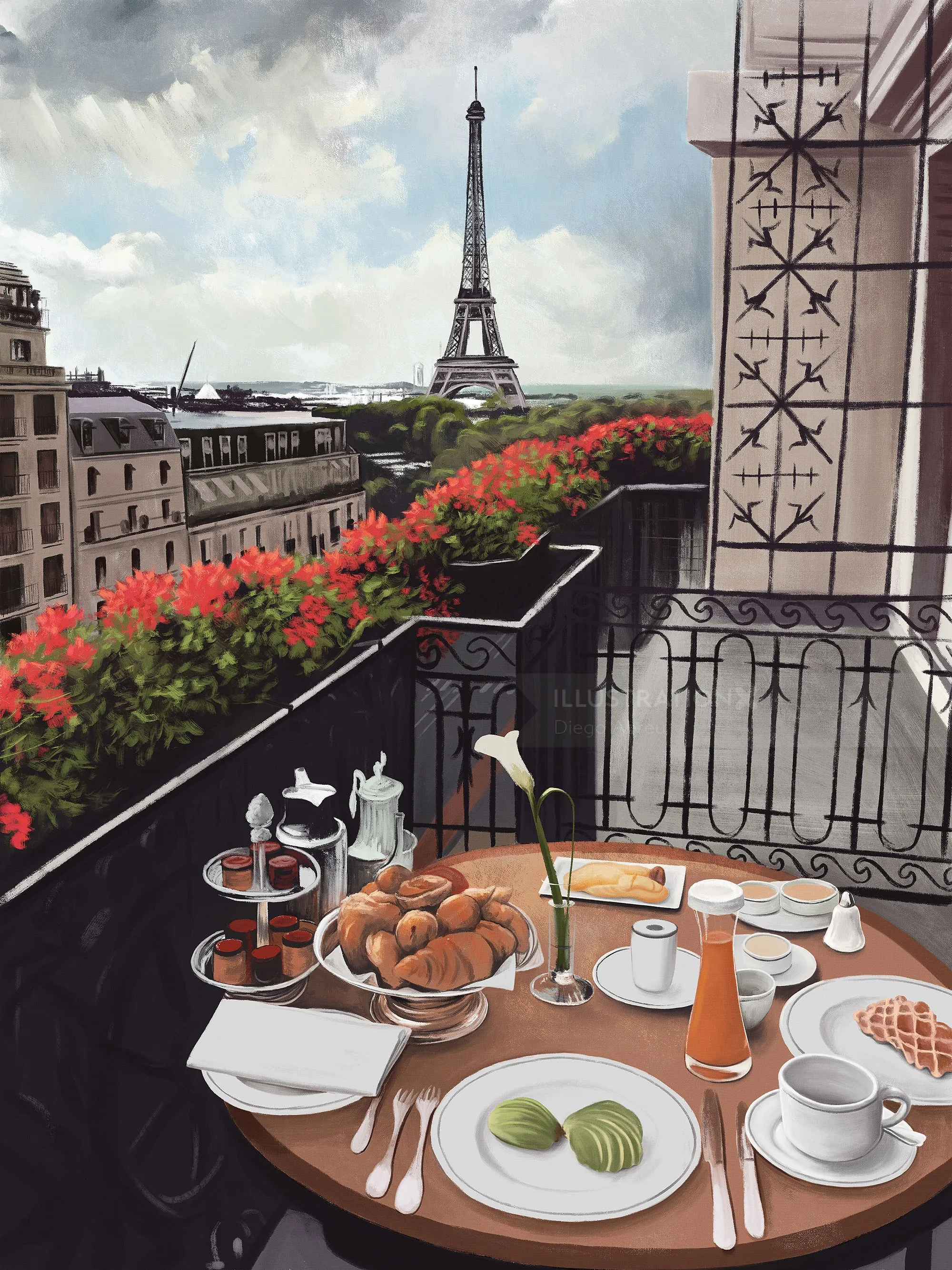 Frühstück auf dem Balkon in Paris mit Croissants, Obst und Blick auf den Eiffelturm von Diego Abreu