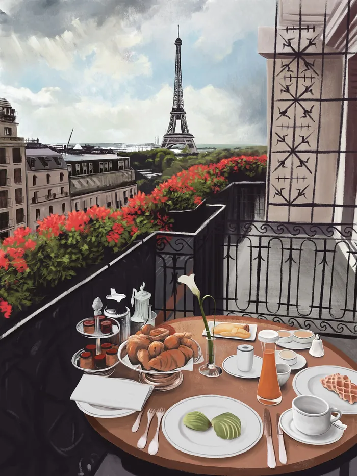Paris balcony breakfast with croissants, fruit, and Eiffel Tower by Diego Abreu