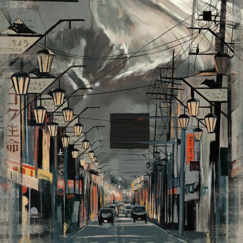 City street with lanterns and mountain, painting by Diego Abreu