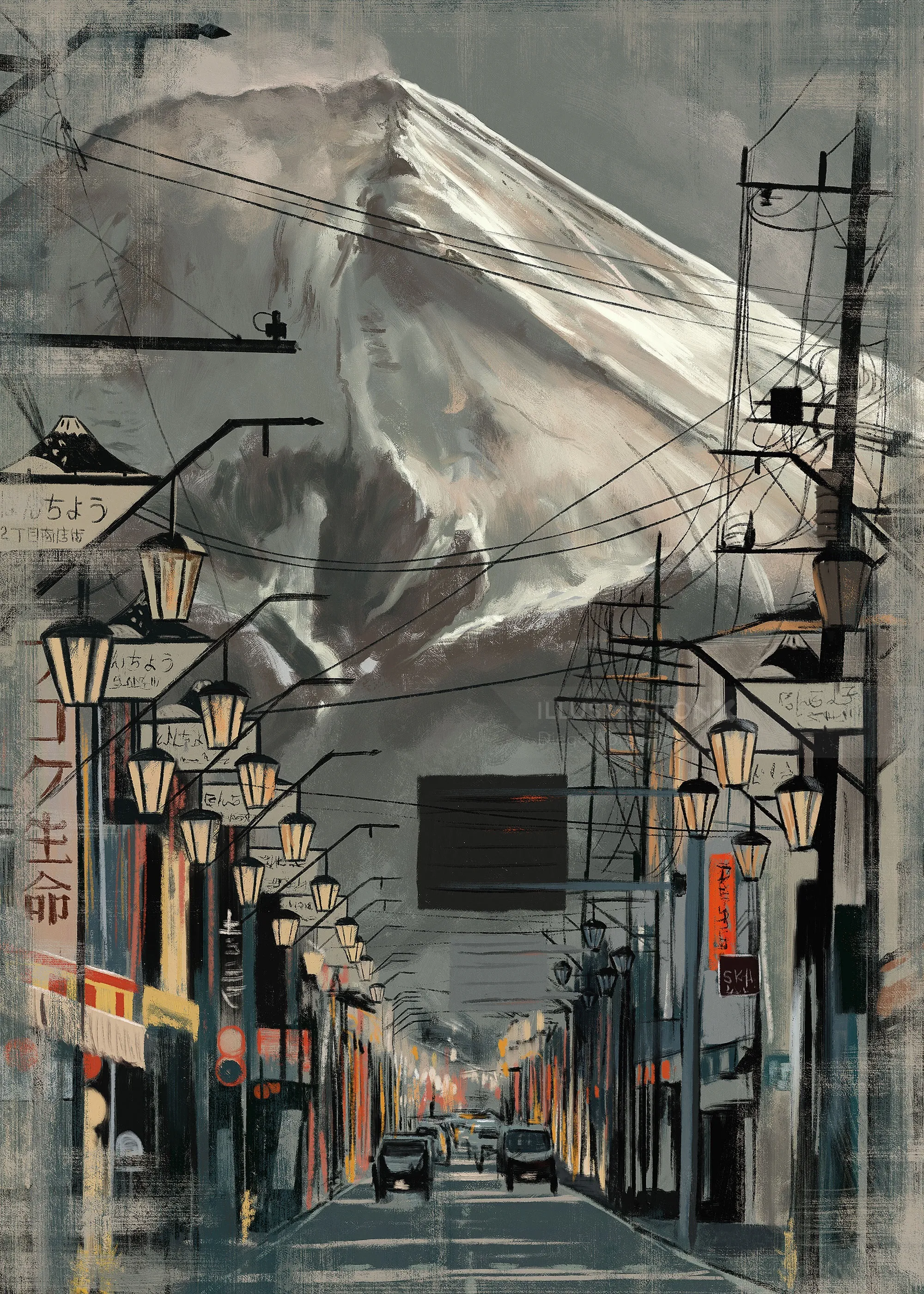 街の通りと提灯、山々、Diego Abreuによる絵画