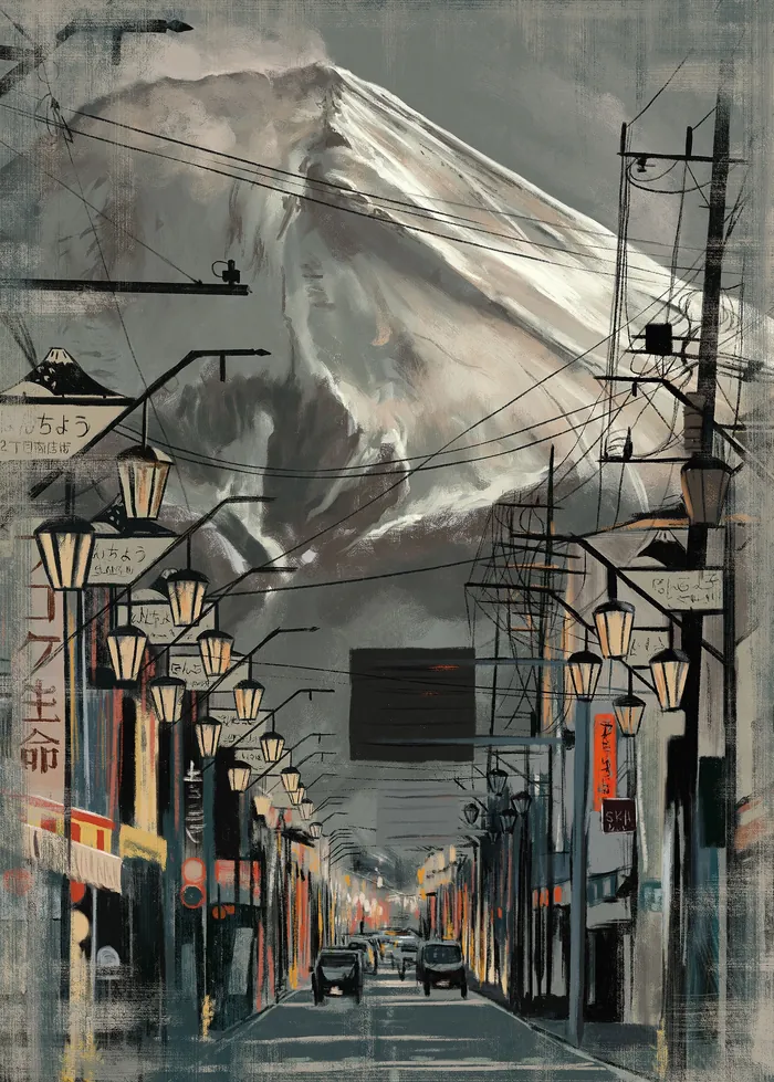 City street with lanterns and mountain, painting by Diego Abreu