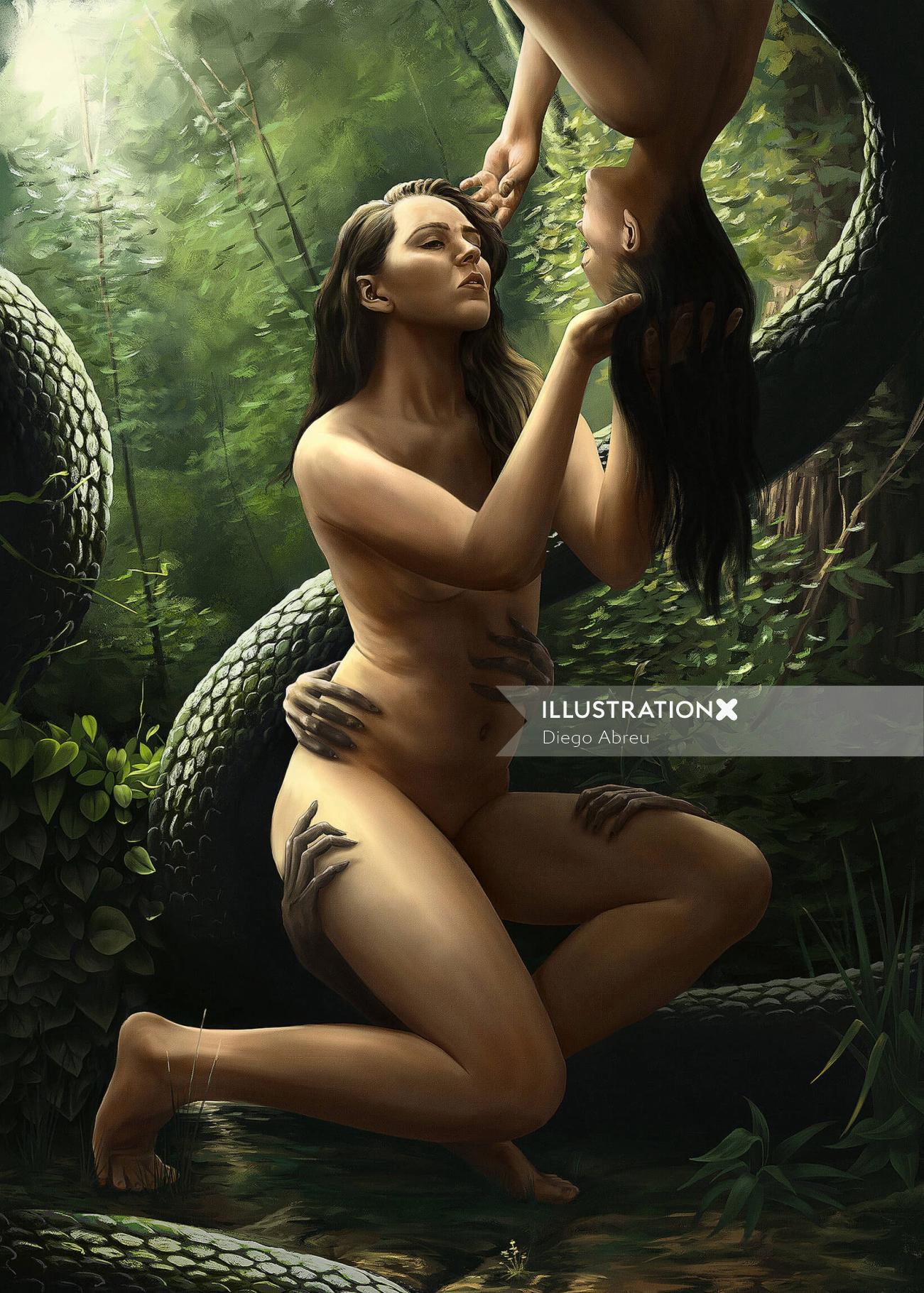 Concept of the moment when Eve admires the fruit from the tree