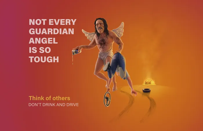 Guardian angel holding car keys flying over road with burning car smoke by Diego Abreu