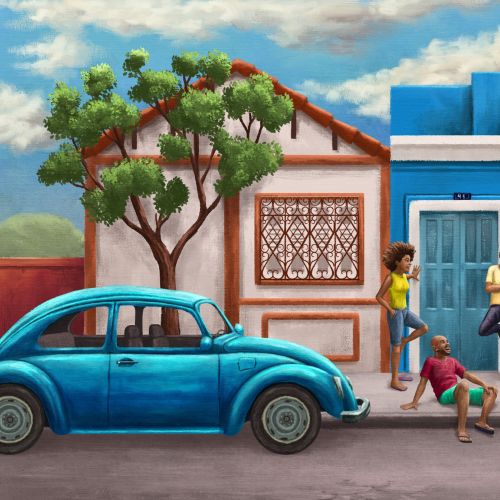 Street scene with people, blue car, colorful houses, and trees by Diego Abreu
