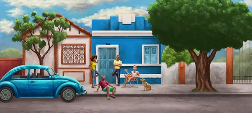 Diego Abreuによる、人々、青い車、カラフルな家々、木々が描かれた街の風景。
