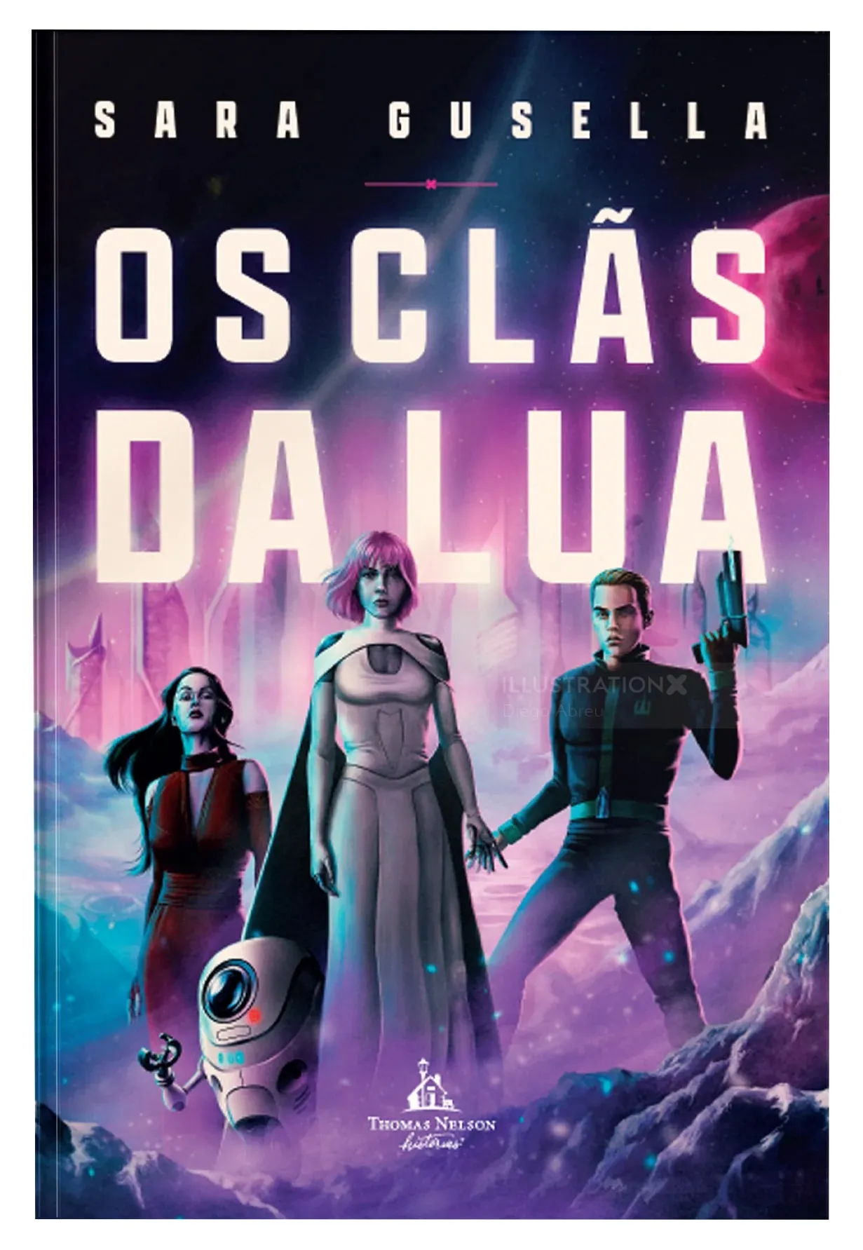 Science-Fiction-Buchcover mit drei Figuren und einem Roboter in einer violetten außerirdischen Landschaft