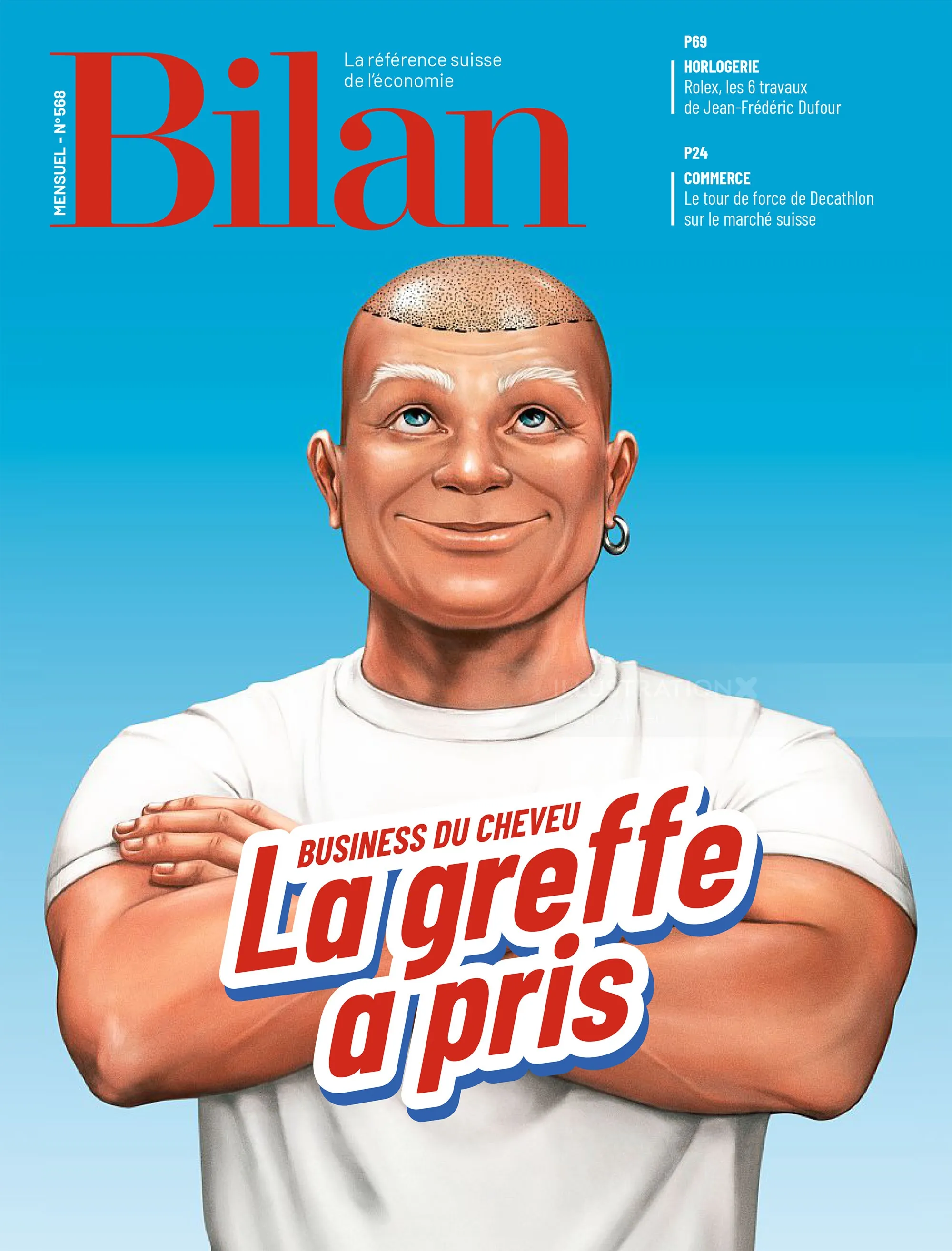 Illustration eines selbstbewussten Mannes mit Haartransplantation und darüberliegendem Text in Französisch.