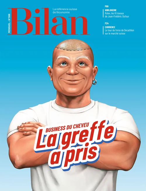 植毛のイラストとフランス語のオーバーレイテキストを持つ自信のある男性。