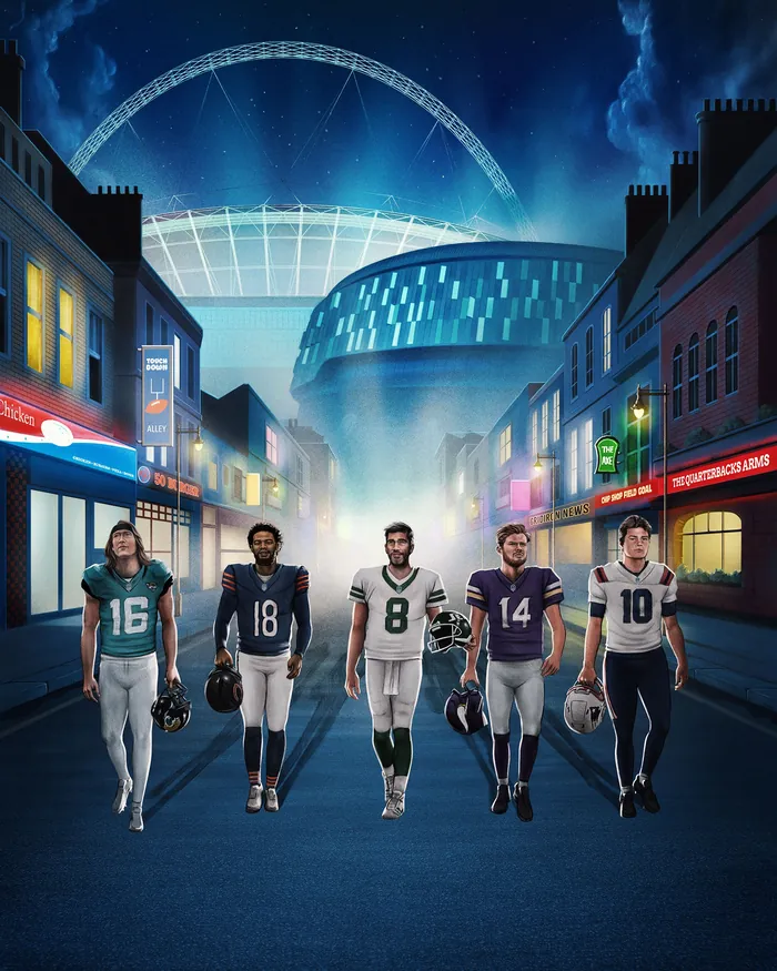 Five football players walking down a street with stadium lights glowing