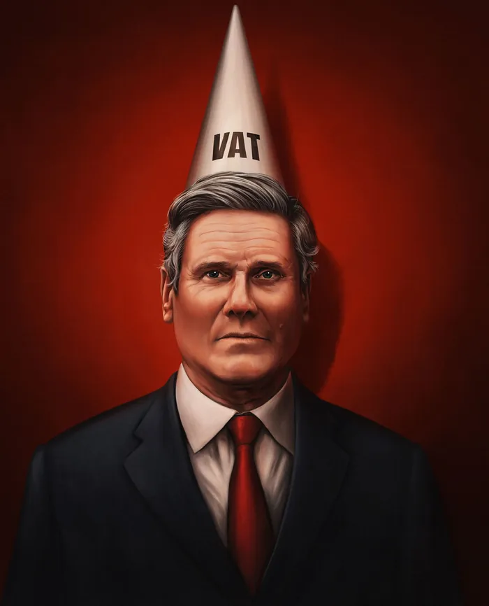 Man in suit with VAT cone hat on red background