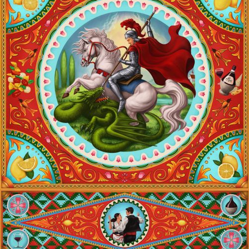 Knight in armor on white horse fighting a green dragon with colorful patterns.