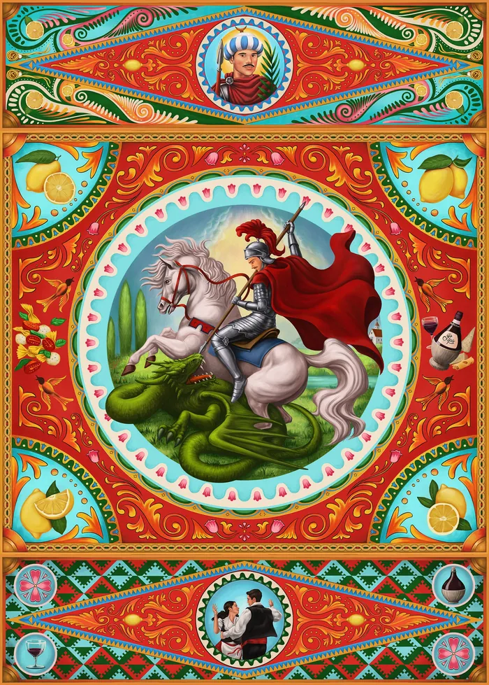 Knight in armor on white horse fighting a green dragon with colorful patterns.