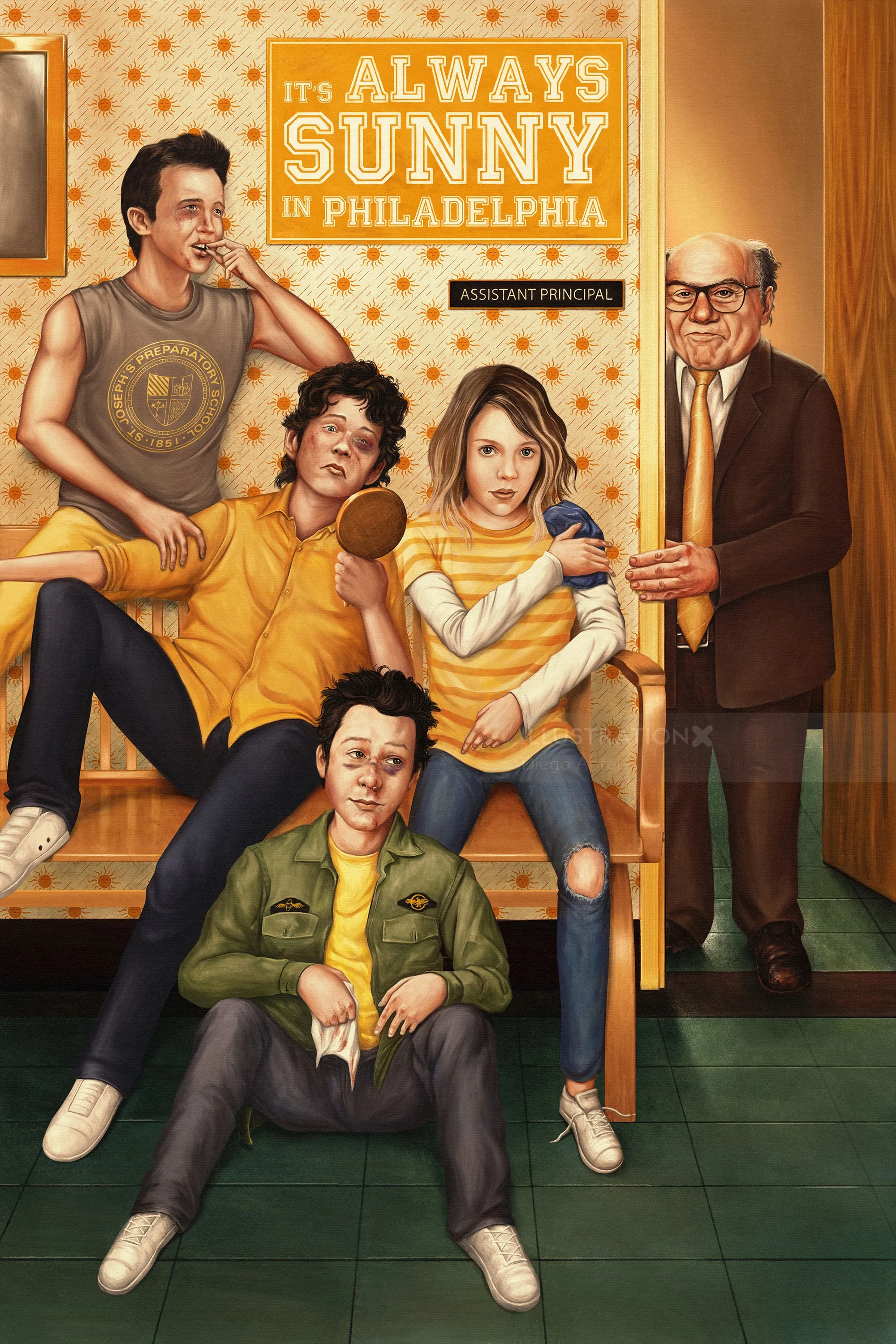 Hauptfiguren aus „It's Always Sunny in Philadelphia“ mit dem stellvertretenden Schulleiter