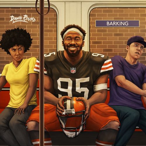 Three people on subway bench, football player in center holding helmet, others seated