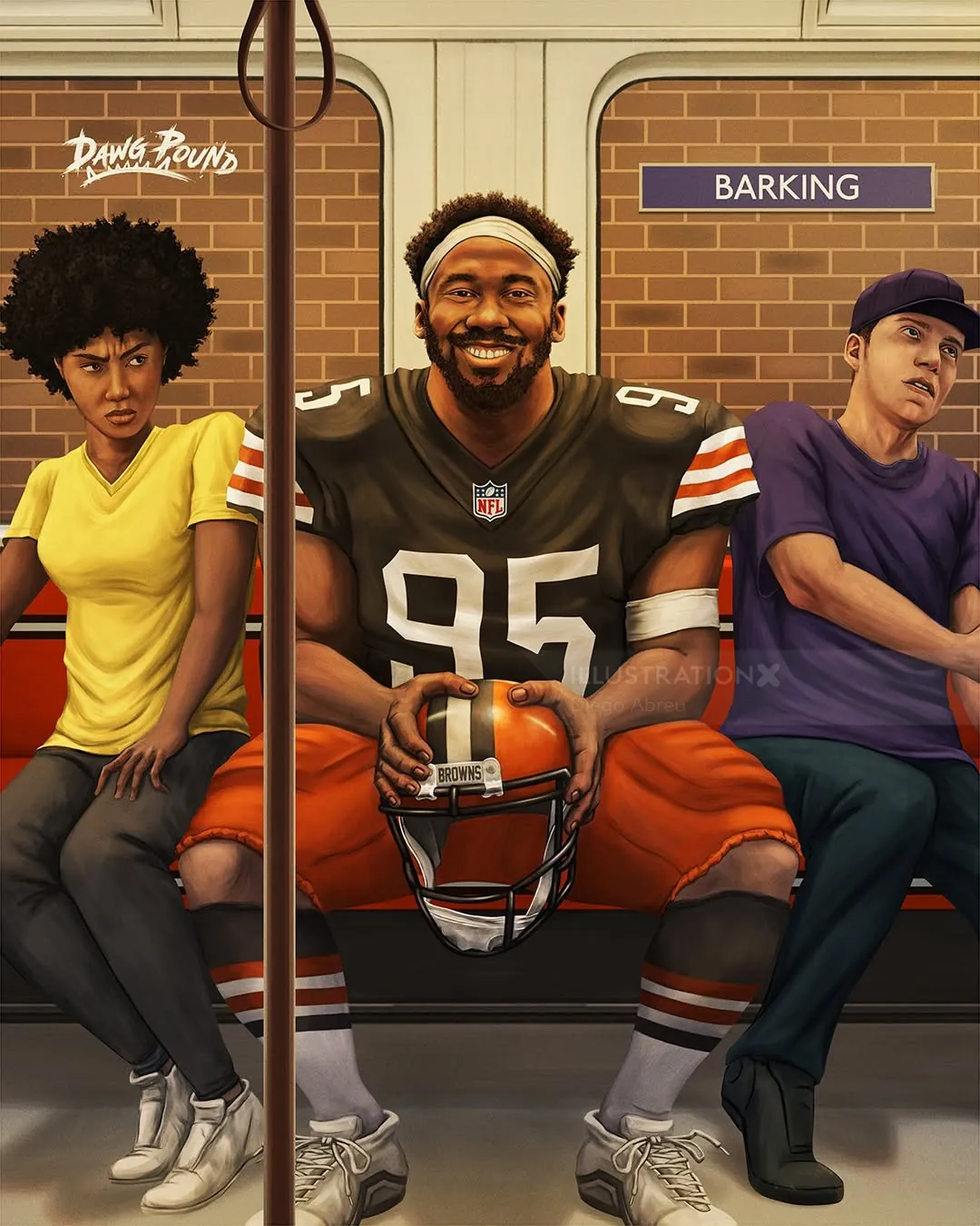Three people on subway bench, football player in center holding helmet, others seated