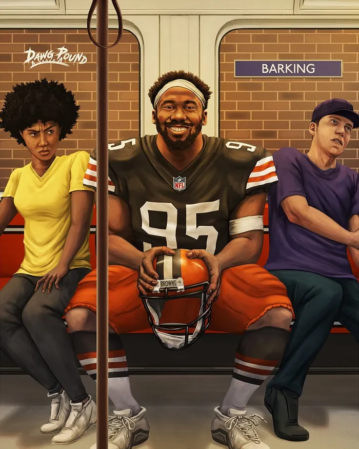 Three people on subway bench, football player in center holding helmet, others seated