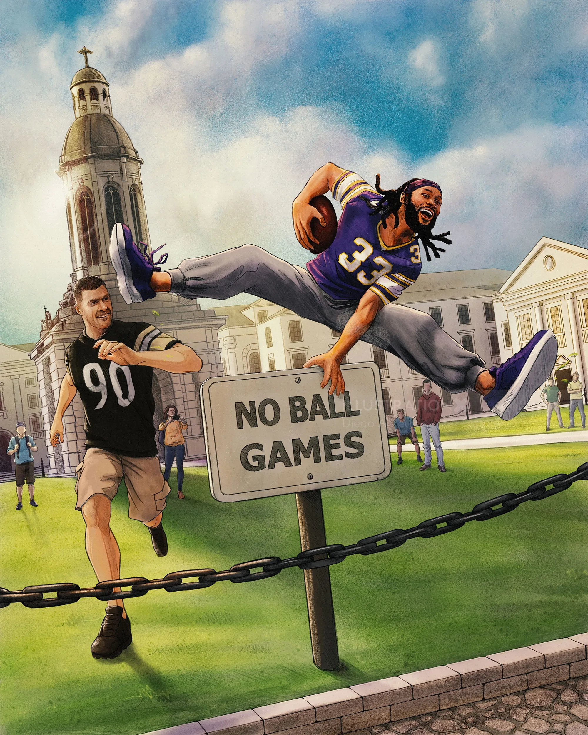 Football player jumps over no ball games sign evading defender