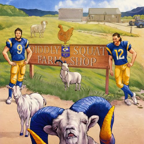 Two football players with farm animals near a farm shop sign