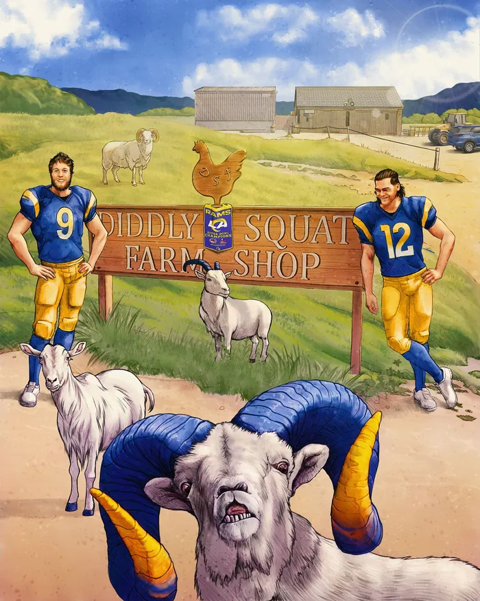 Two football players with farm animals near a farm shop sign