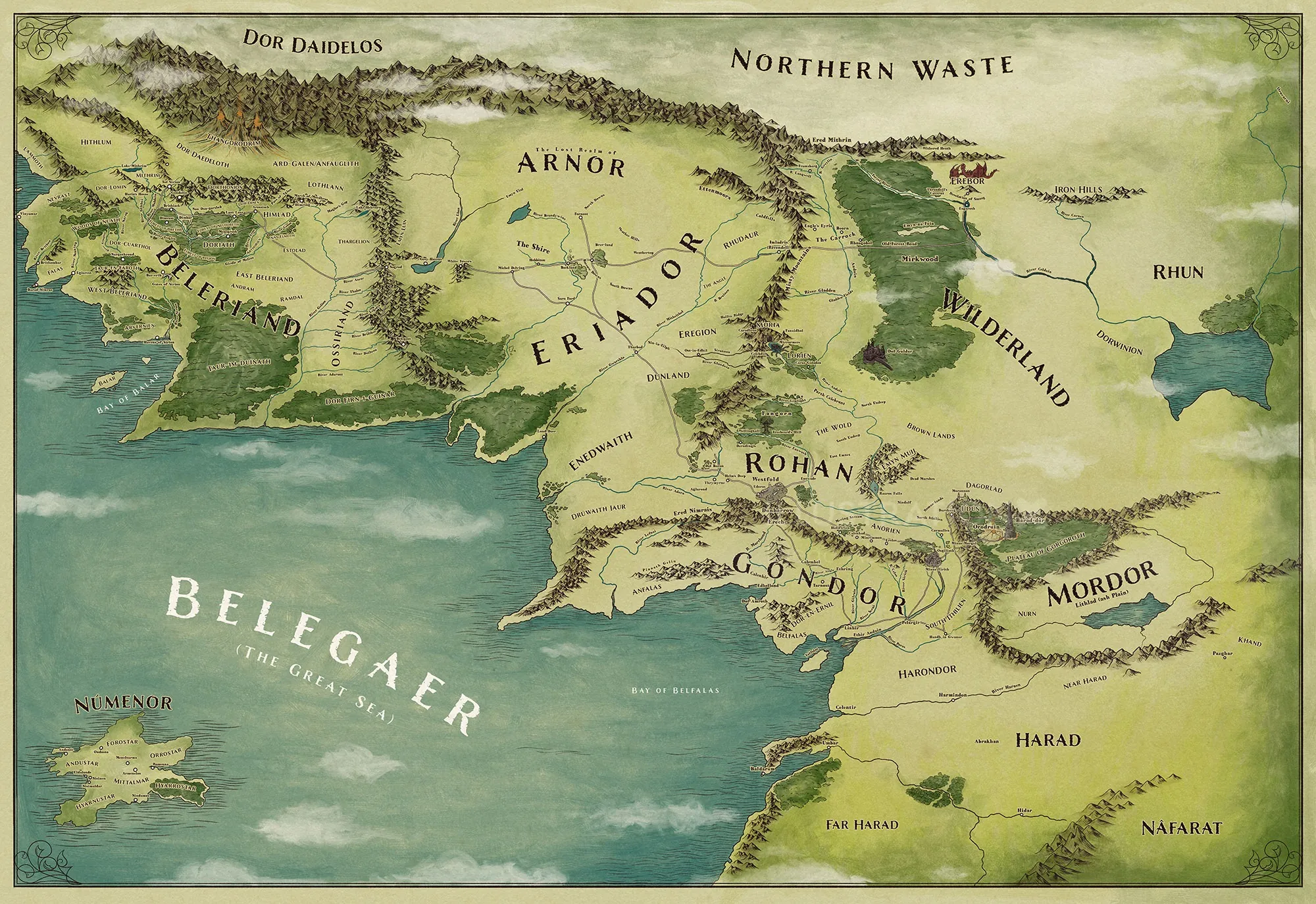 Karte von Mittelerde mit Regionen wie Mordor, Rohan und Gondor