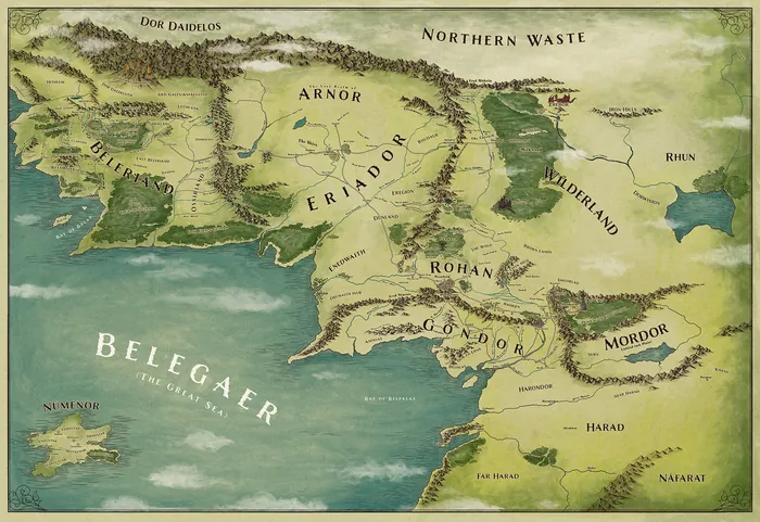Map of Middle-earth showing regions like Mordor, Rohan, and Gondor