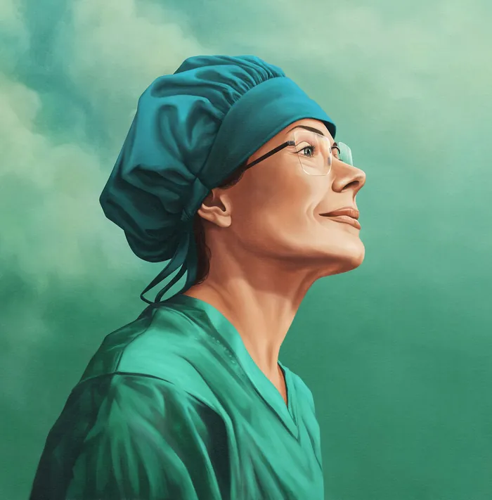 Healthcare worker in green scrubs and cap looking upward thoughtfully