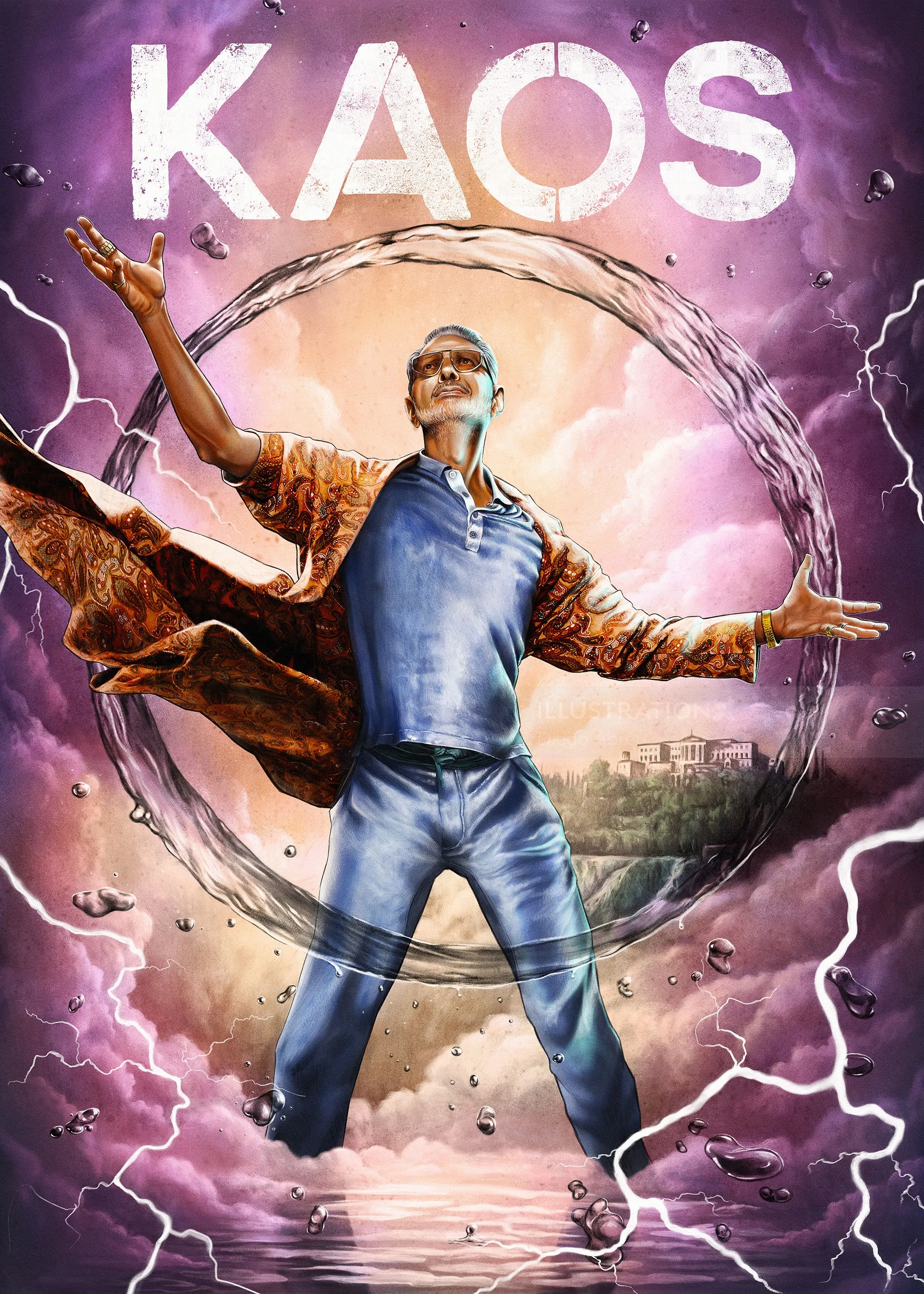 Konzeptposter für die Kaos-Serie von Diego Abreu mit Mann und Blitz